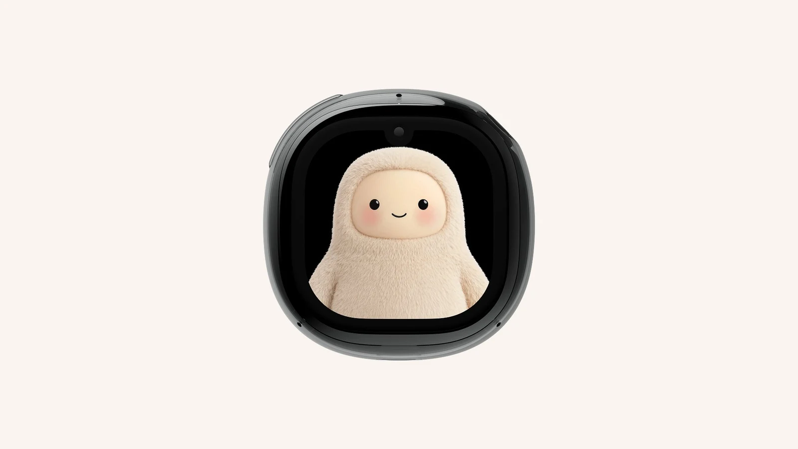 The Meta Muse Charm, a rounded handheld device showing its animated Muse avatar on a dark screen