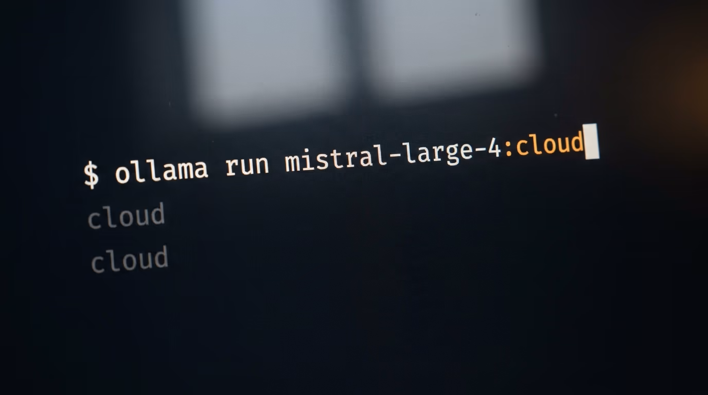 Terminal running ollama run mistral-large-4:cloud, the only tag Ollama offers for the model