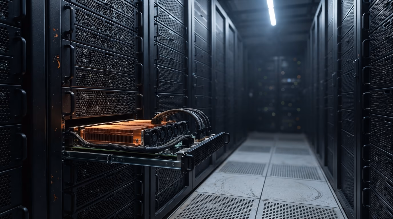 Server racks of AI accelerators, the hardware class a trillion parameter model needs to run