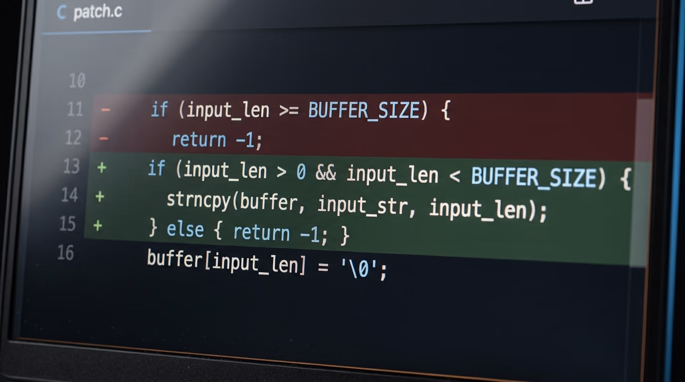 Code editor showing a security patch, the work Mistral says Mistral Large 4 is strongest at