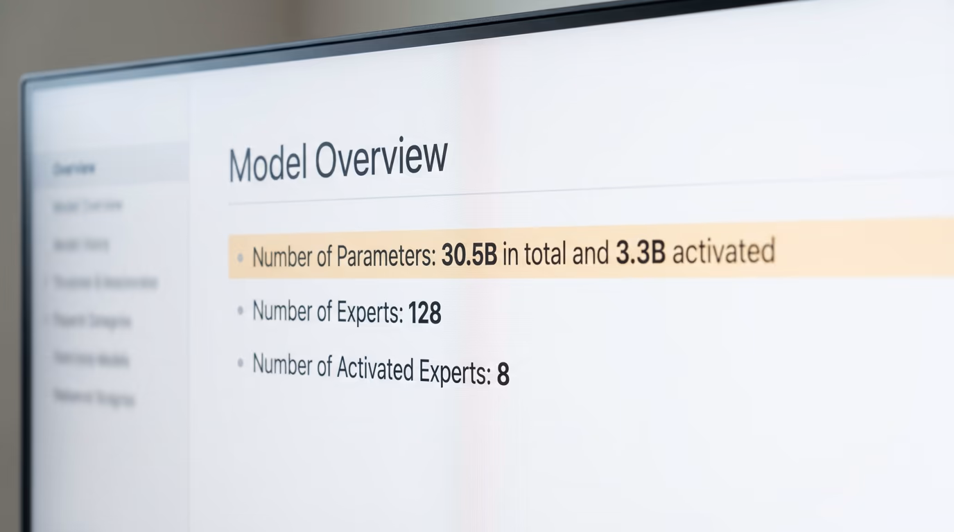 Model card showing 30.5B parameters in total and 3.3B activated, with 128 experts
