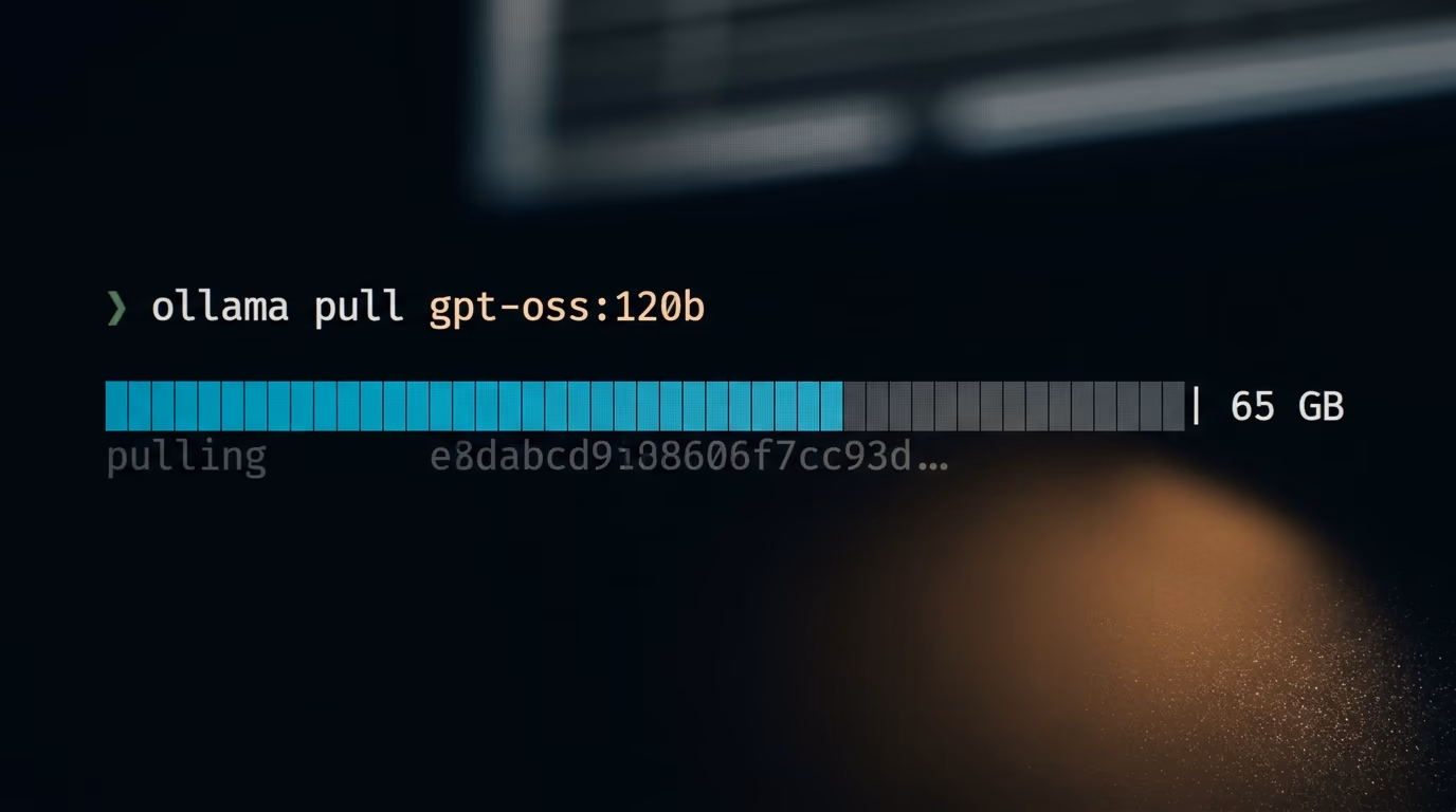 Terminal downloading gpt-oss-120b showing a 65 GB transfer