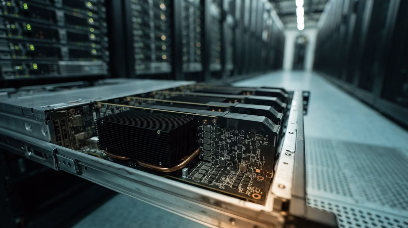 Accelerator boards in an open server chassis inside a data center aisle