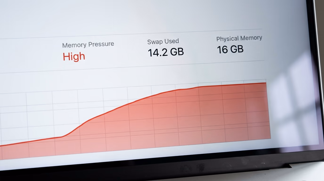 Activity monitor showing high memory pressure and 14.2 GB of swap used on a 16 GB machine