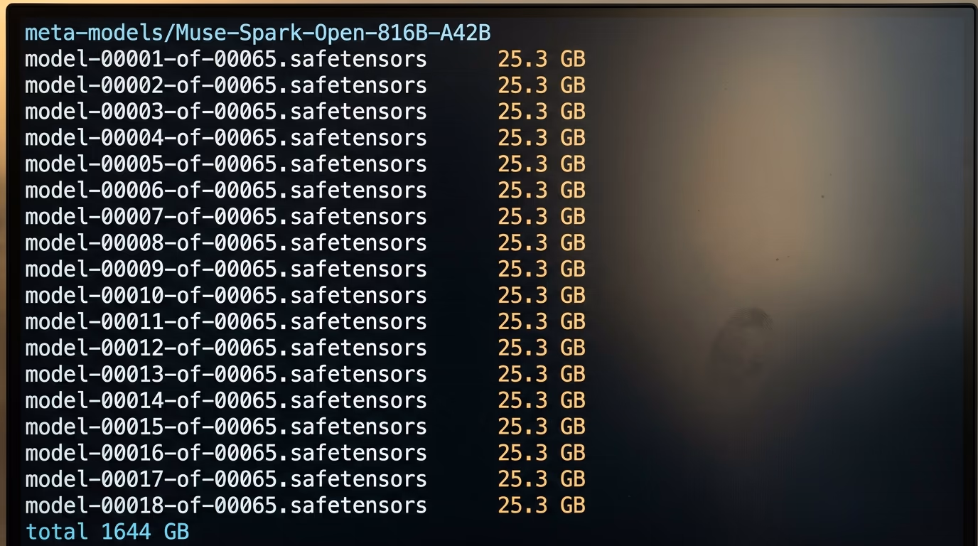 A terminal listing the 65 weight files of Muse Spark Open with a total of 1,644 GB