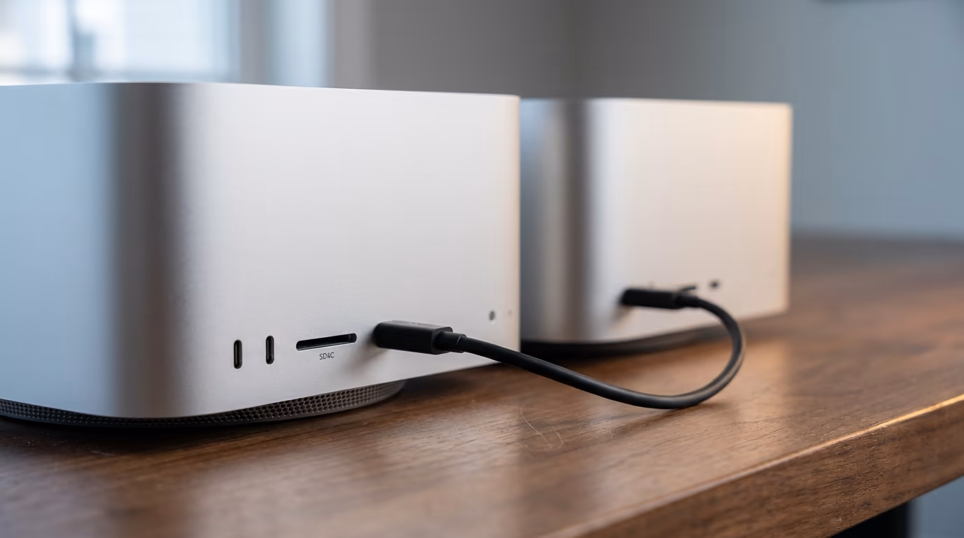 Two Mac Studio computers side by side on a desk linked by a single cable, the setup Meta describes for Muse Spark Open
