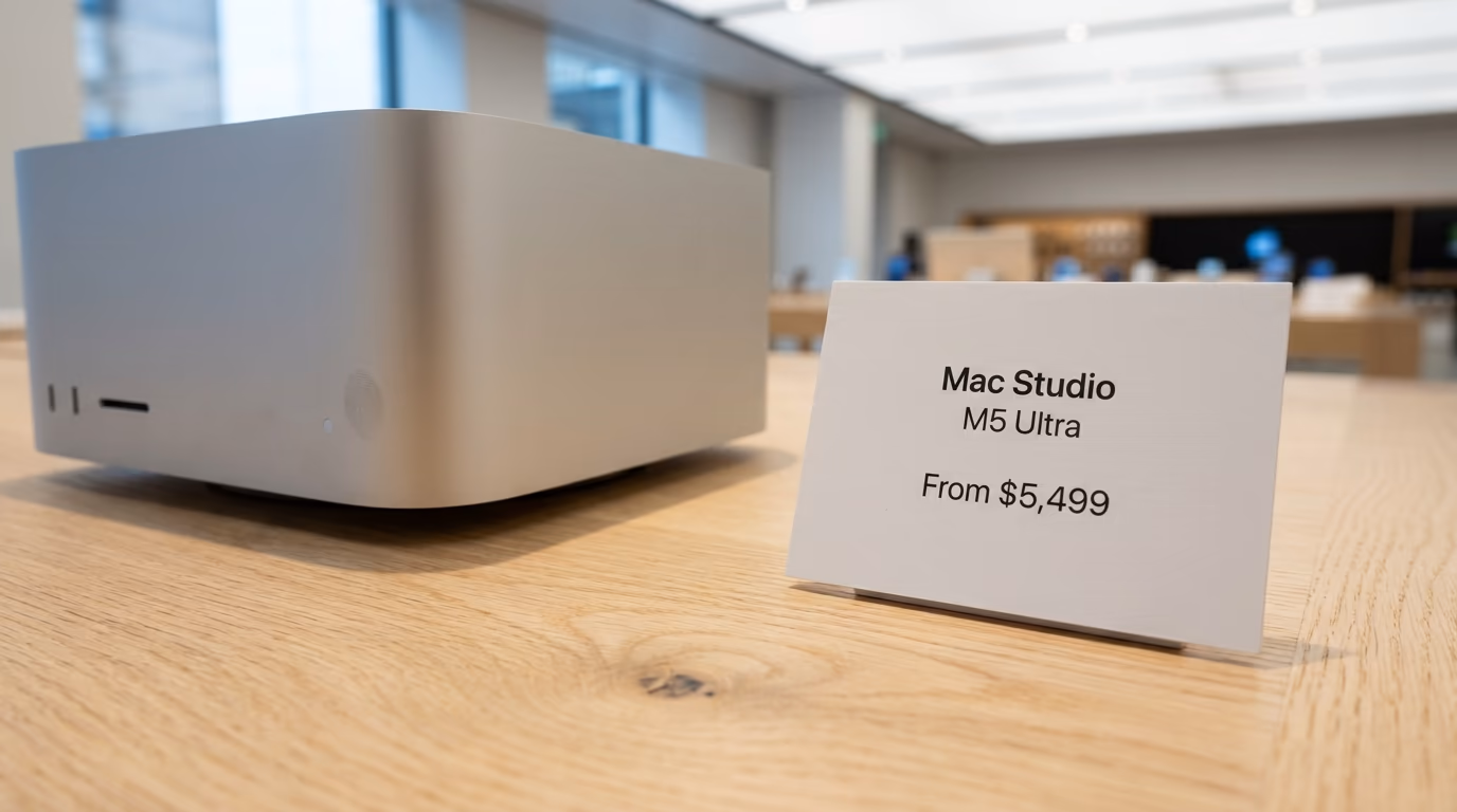 A Mac Studio on an Apple Store table beside a card reading M5 Ultra from $5,499