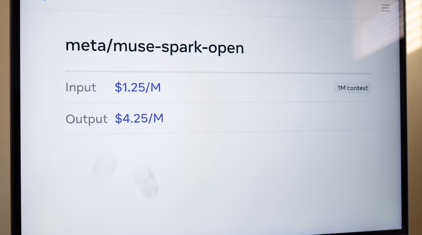 The OpenRouter listing for meta slash muse spark open showing input at $1.25 and output at $4.25 per million tokens