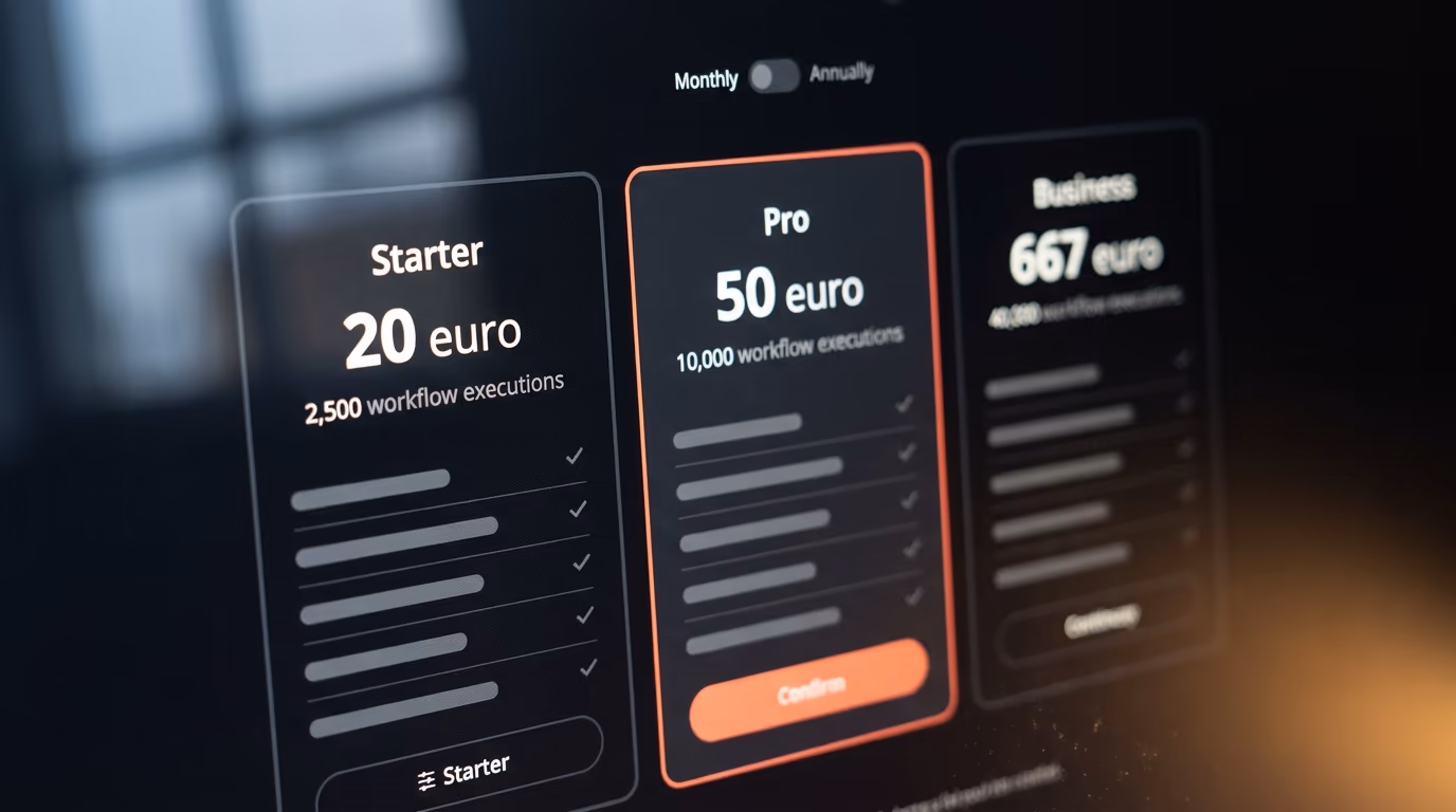 n8n pricing page showing the Starter, Pro and Business plan cards with their execution allowances