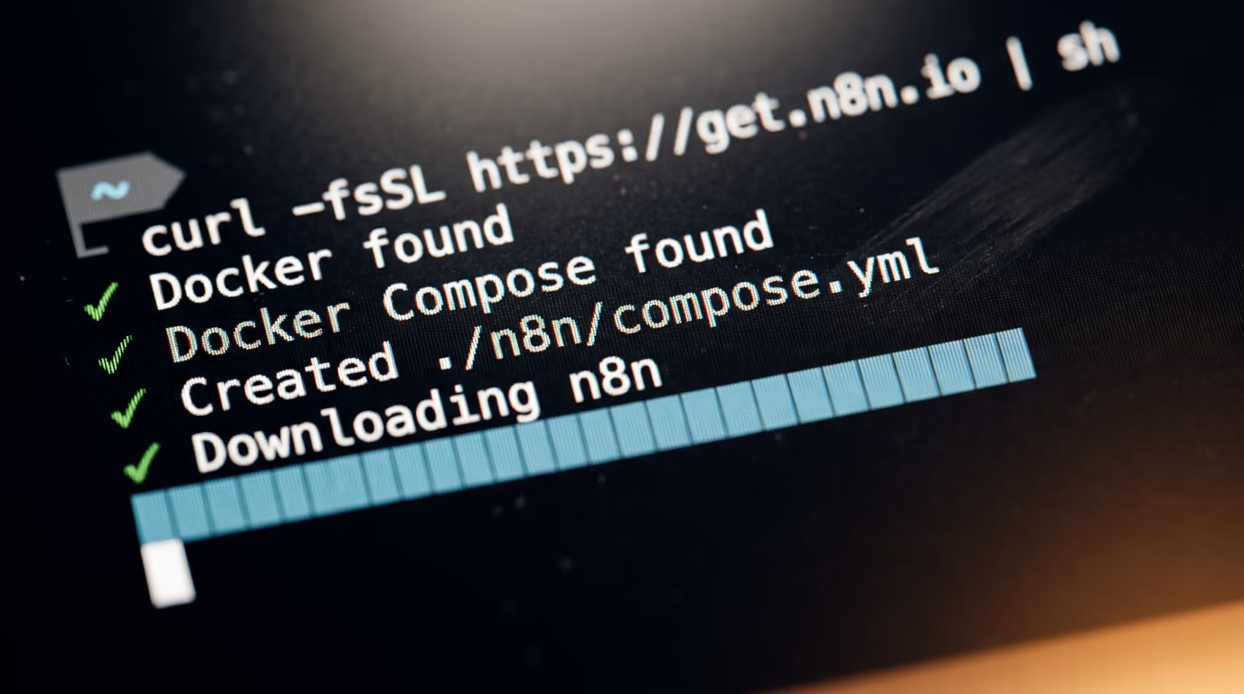 Terminal running the n8n one line install script with its check marks and progress output