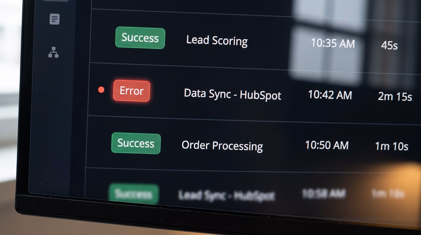 n8n executions list showing one run with a red error status among successful runs
