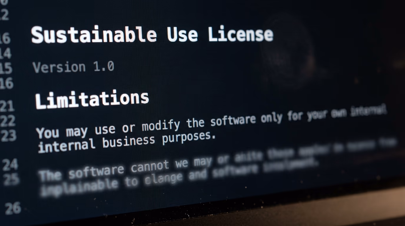 The n8n LICENSE.md file showing the Sustainable Use License heading and its limitations clause