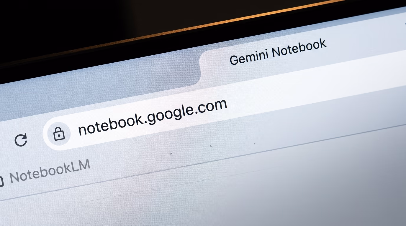 A browser address bar showing notebook.google.com with an older NotebookLM bookmark below it