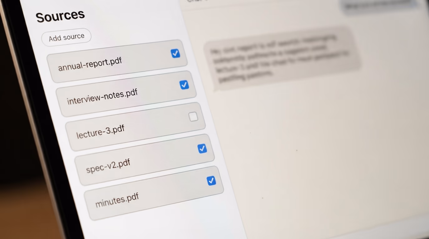 The sources panel of a research notebook listing uploaded PDF files with selection checkboxes