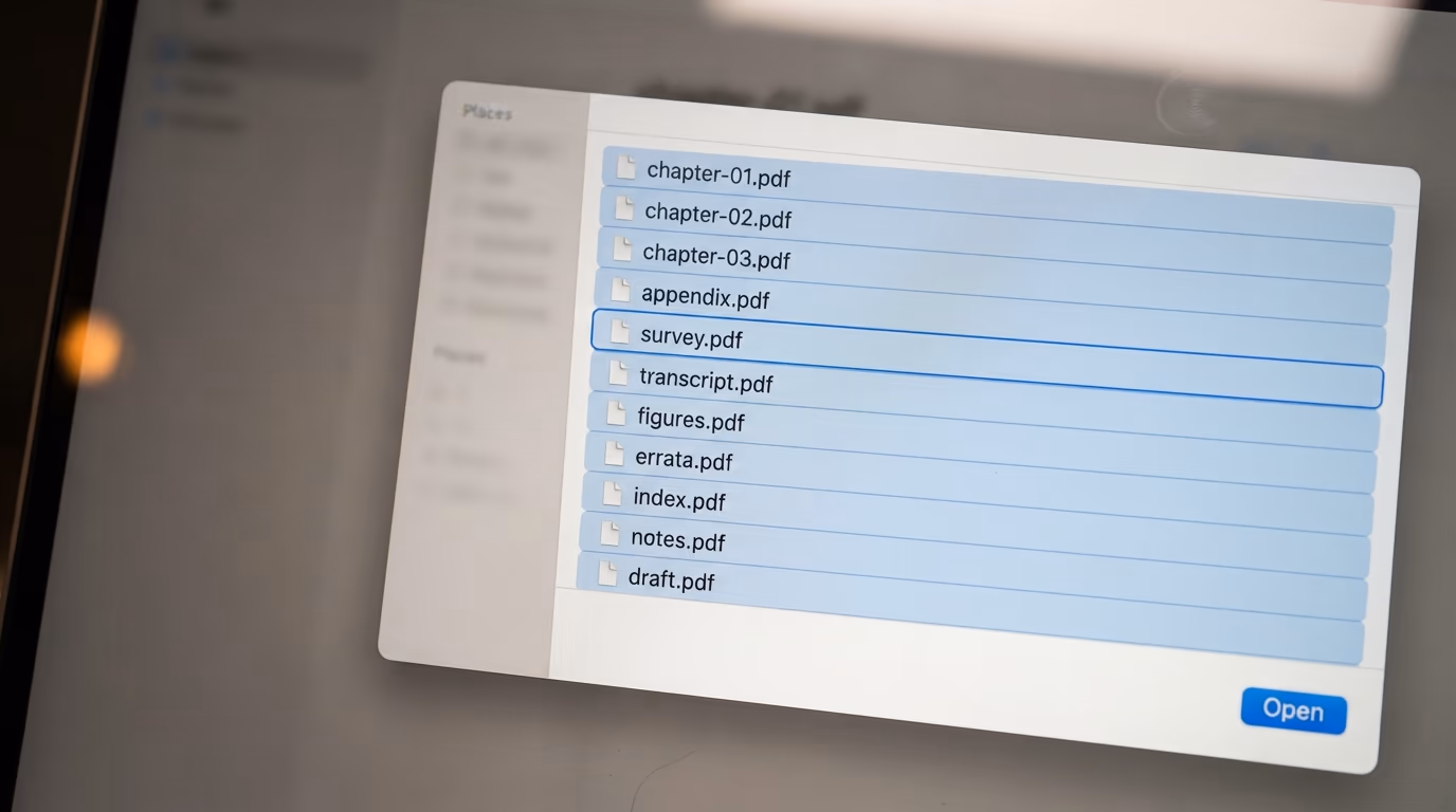 A file picker with a batch of PDF chapters selected for upload into a research workspace