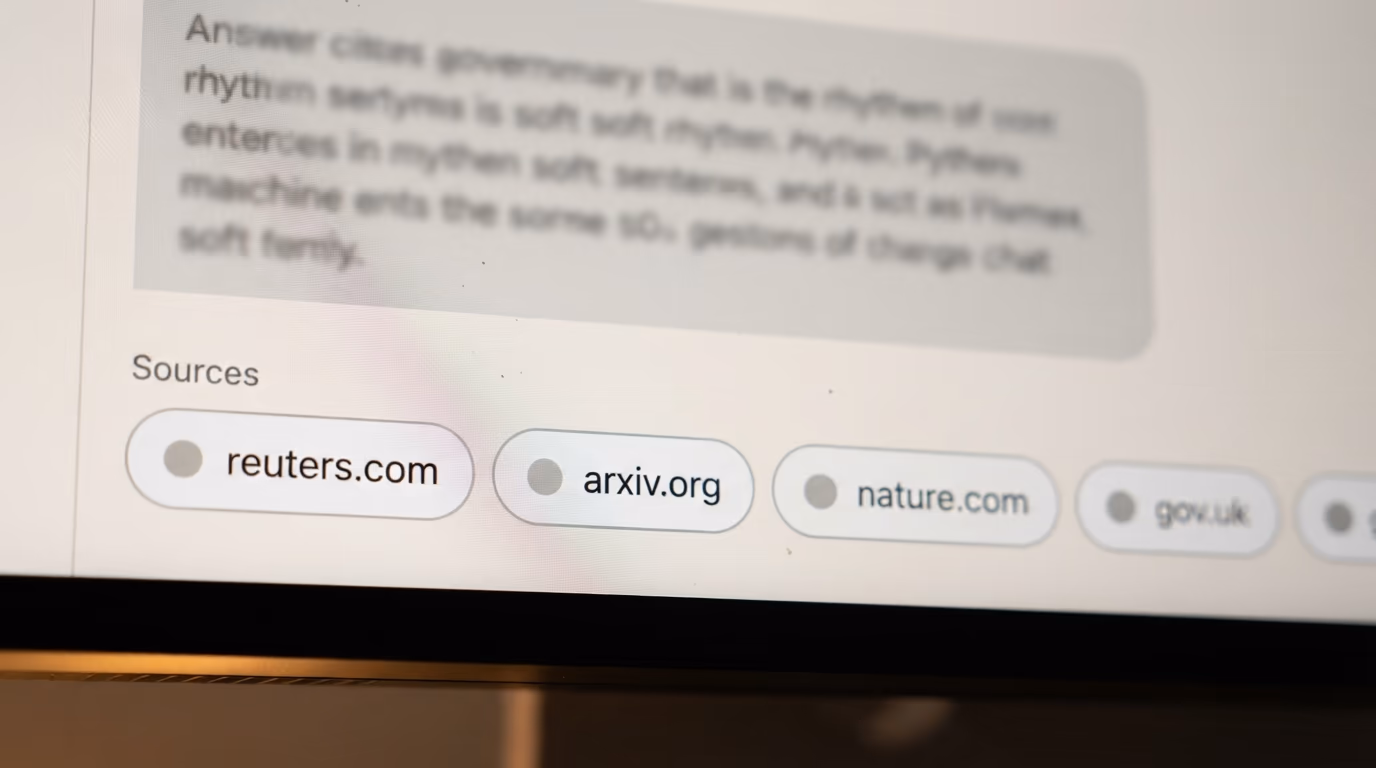 A chat answer followed by a row of web source chips naming the sites it cited