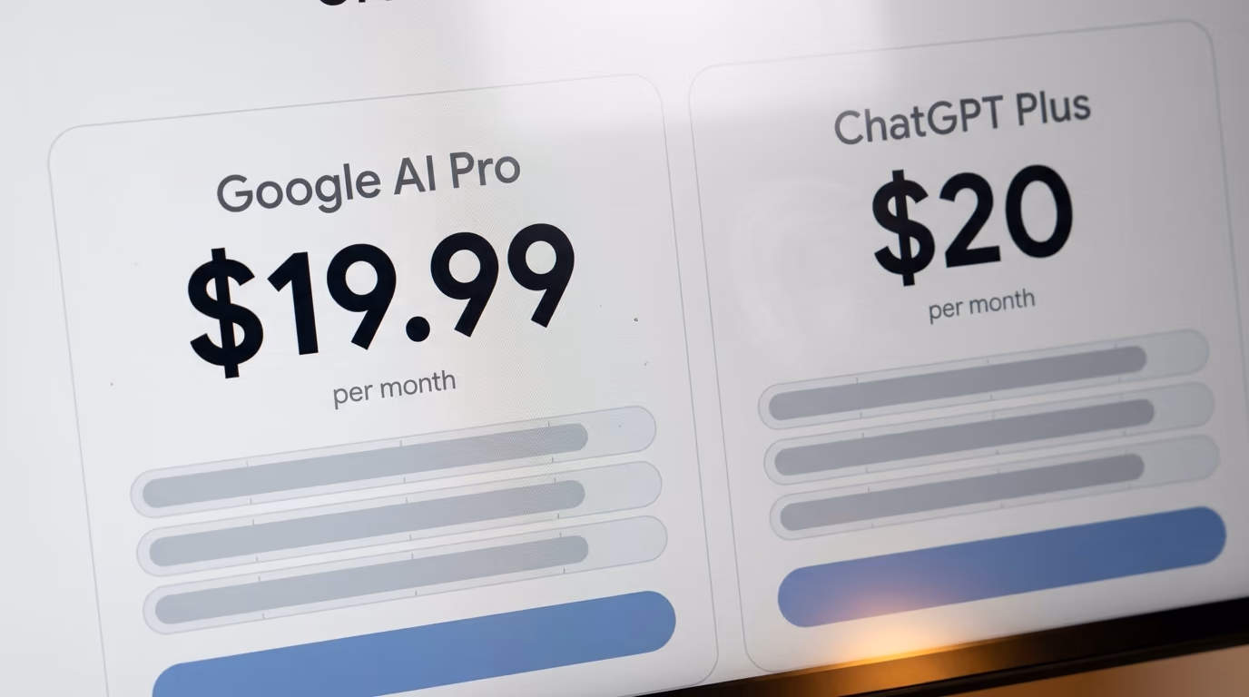 Two subscription cards side by side showing Google AI Pro at $19.99 a month and ChatGPT Plus at $20 a month