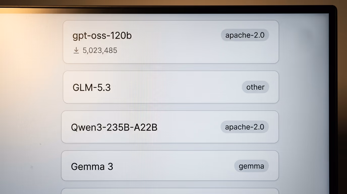 Open weight AI models listed with their license tags, apache-2.0, other and gemma
