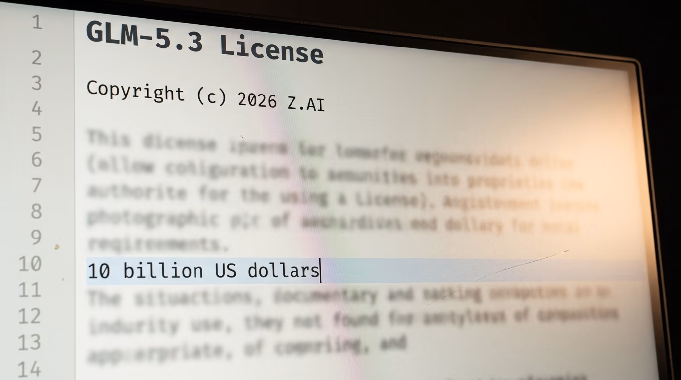 An open weight model license file open in an editor with a revenue clause highlighted
