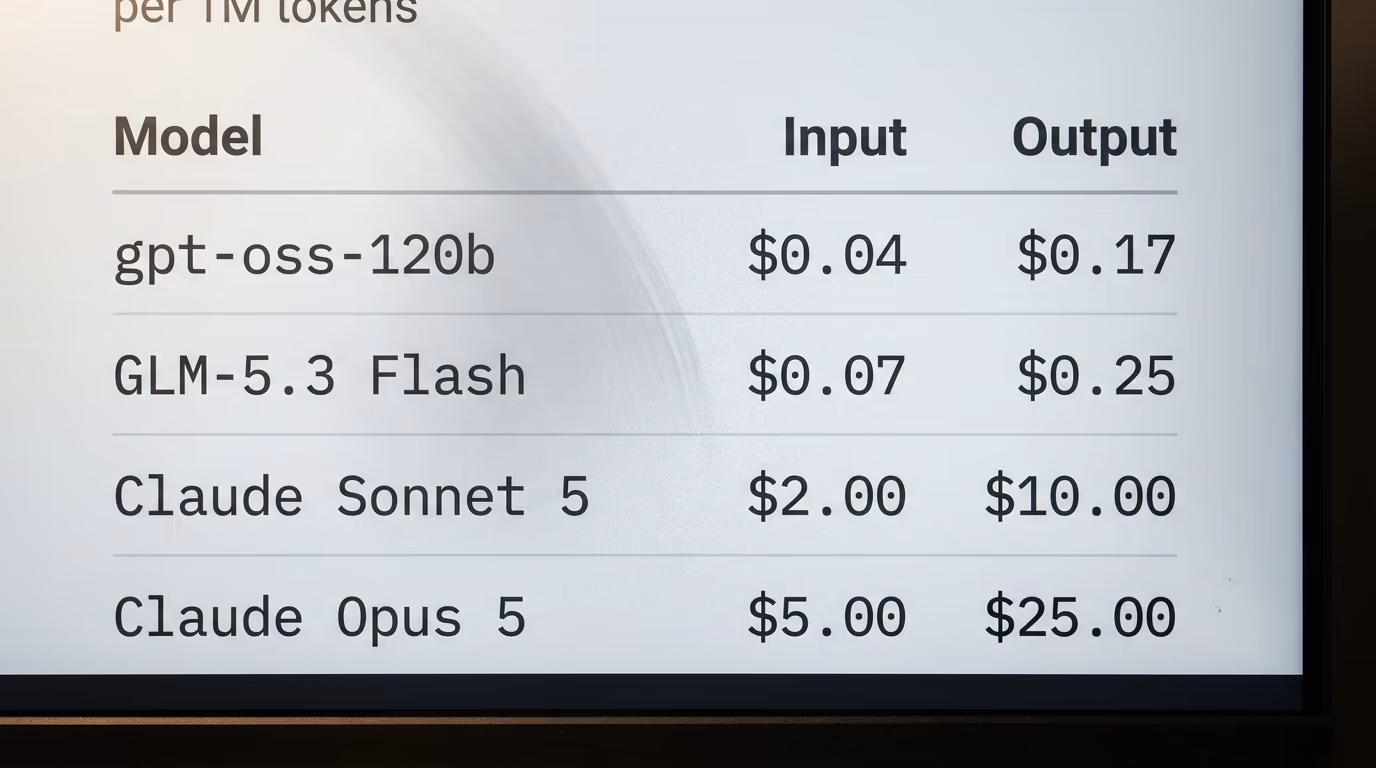 Price table comparing open weight AI models and closed models per million tokens