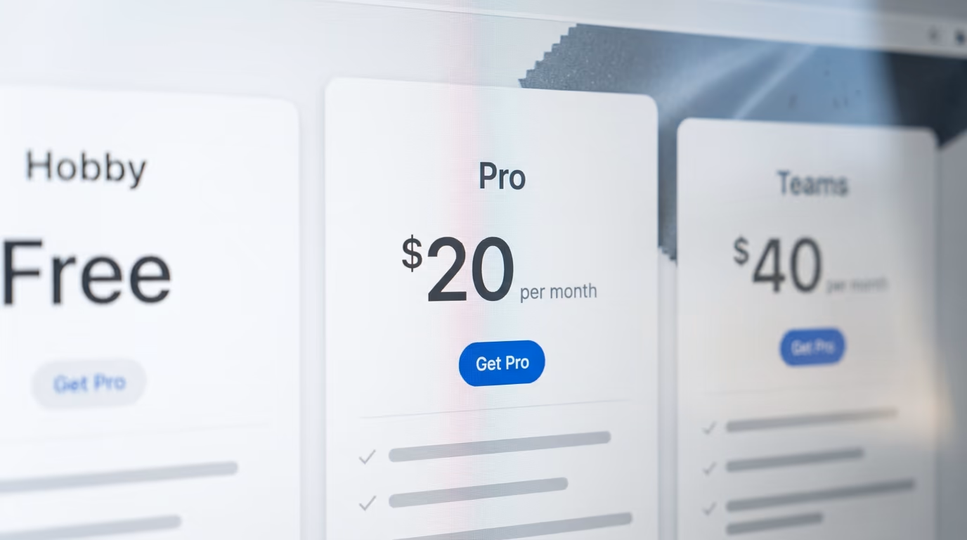 The Cursor pricing page showing the Pro plan at $20 a month next to the free Hobby plan