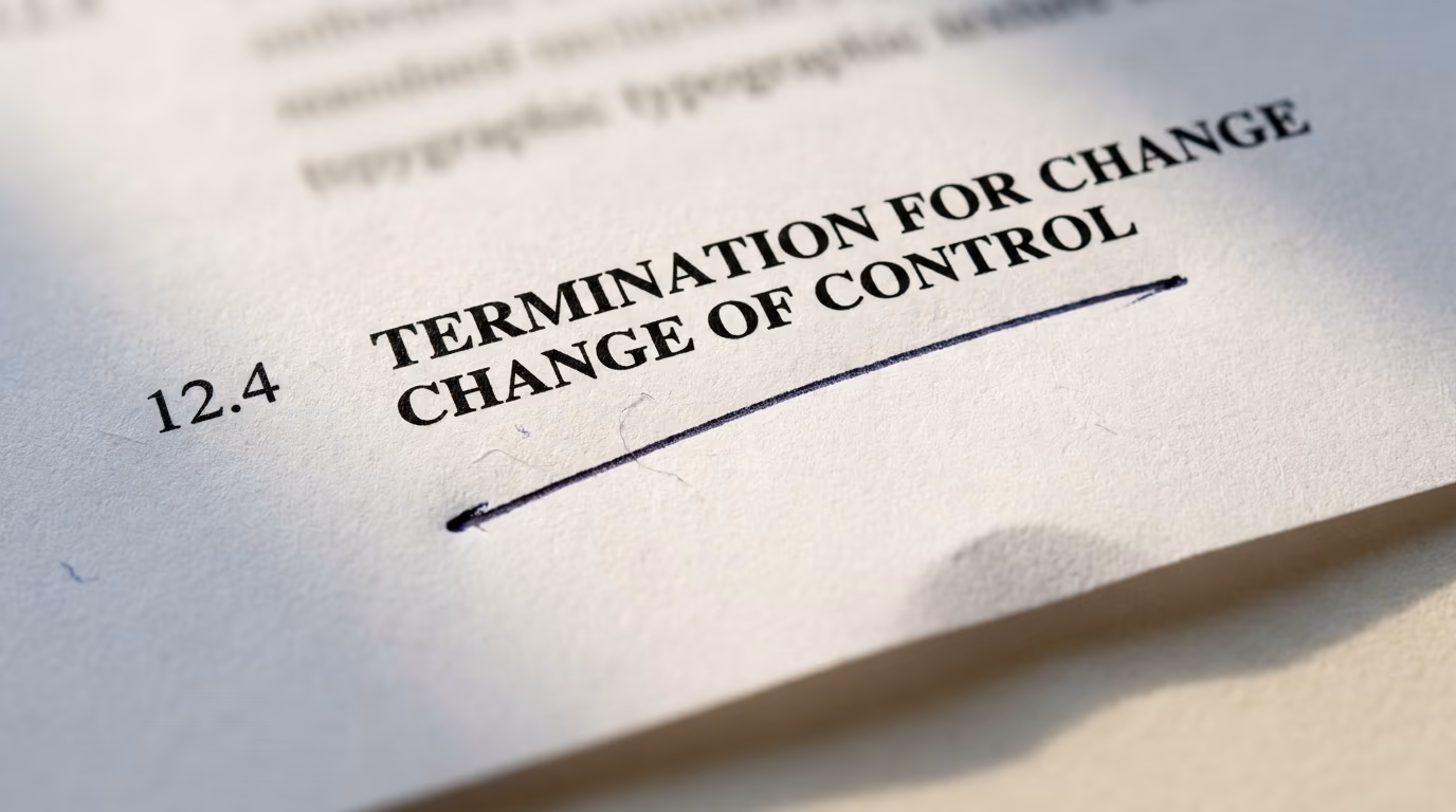 Printed contract page with the clause heading termination for change of control underlined in ink