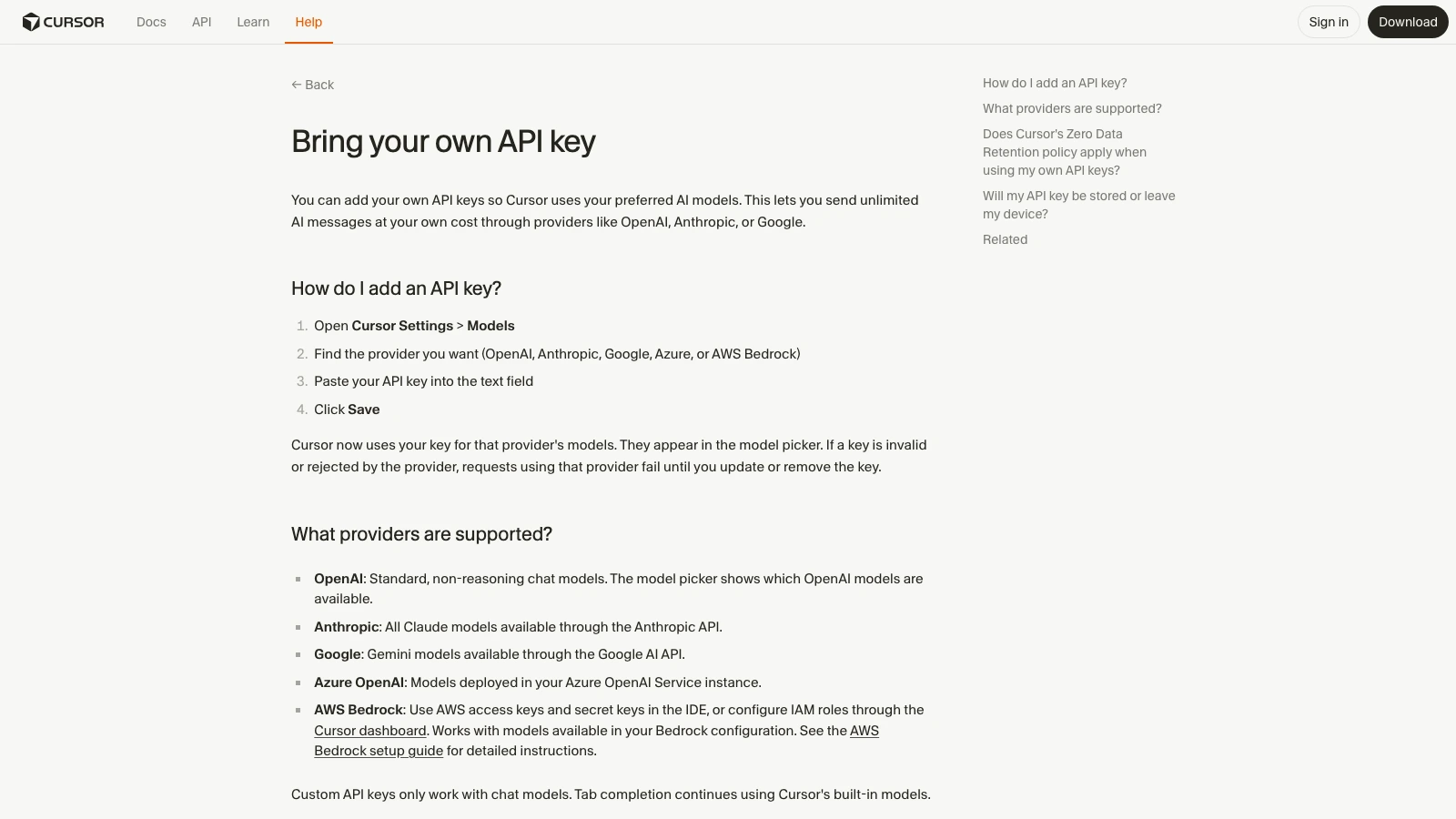 Cursor help page titled bring your own API key showing the settings steps and the supported providers