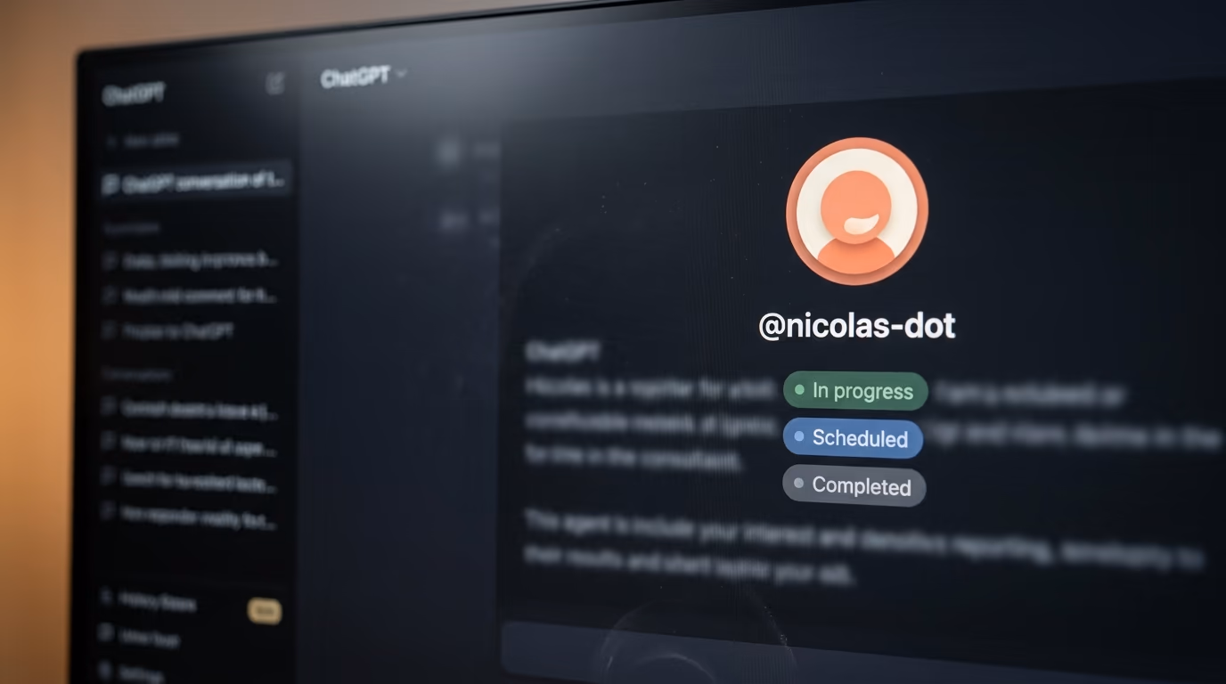 An OpenAI dot profile in the ChatGPT desktop app showing its handle and its running tasks