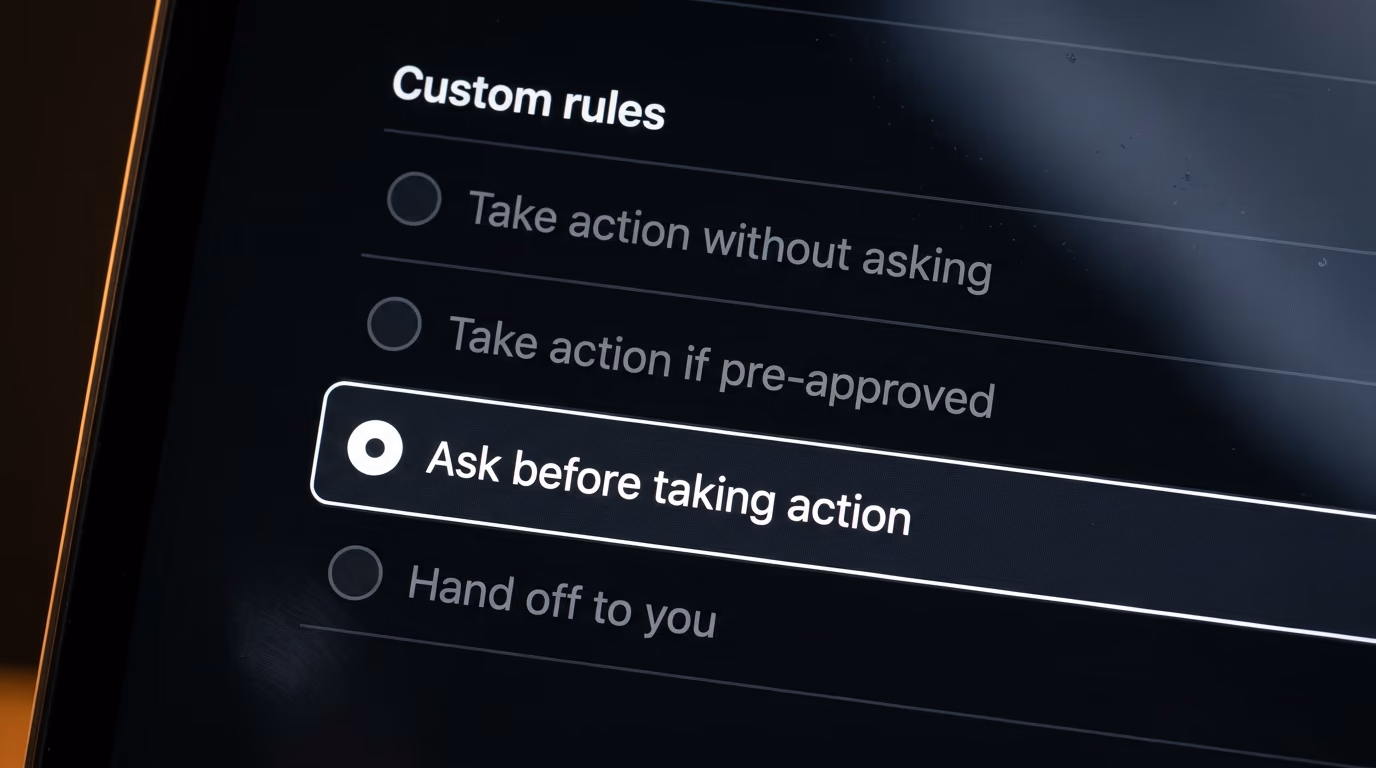 Custom rules screen showing the four behaviours an OpenAI dot can be given for an action