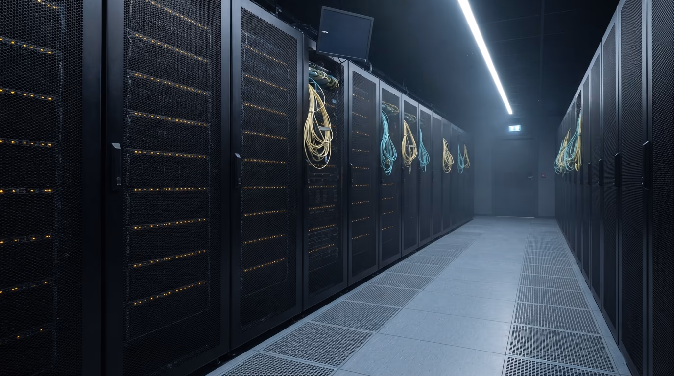 OpenAI training pause, an idle machine learning training hall with racks on standby
