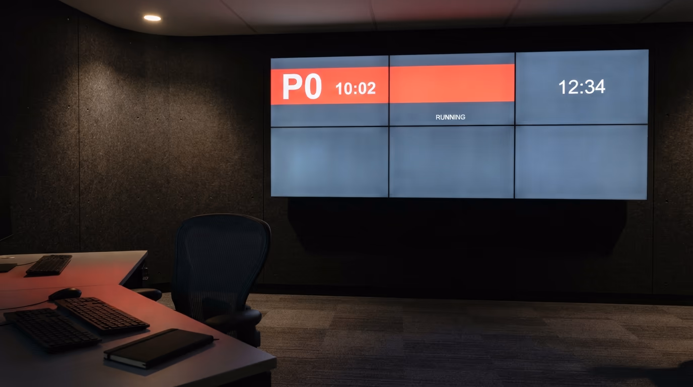 A priority alert on an operations wall display in an empty room