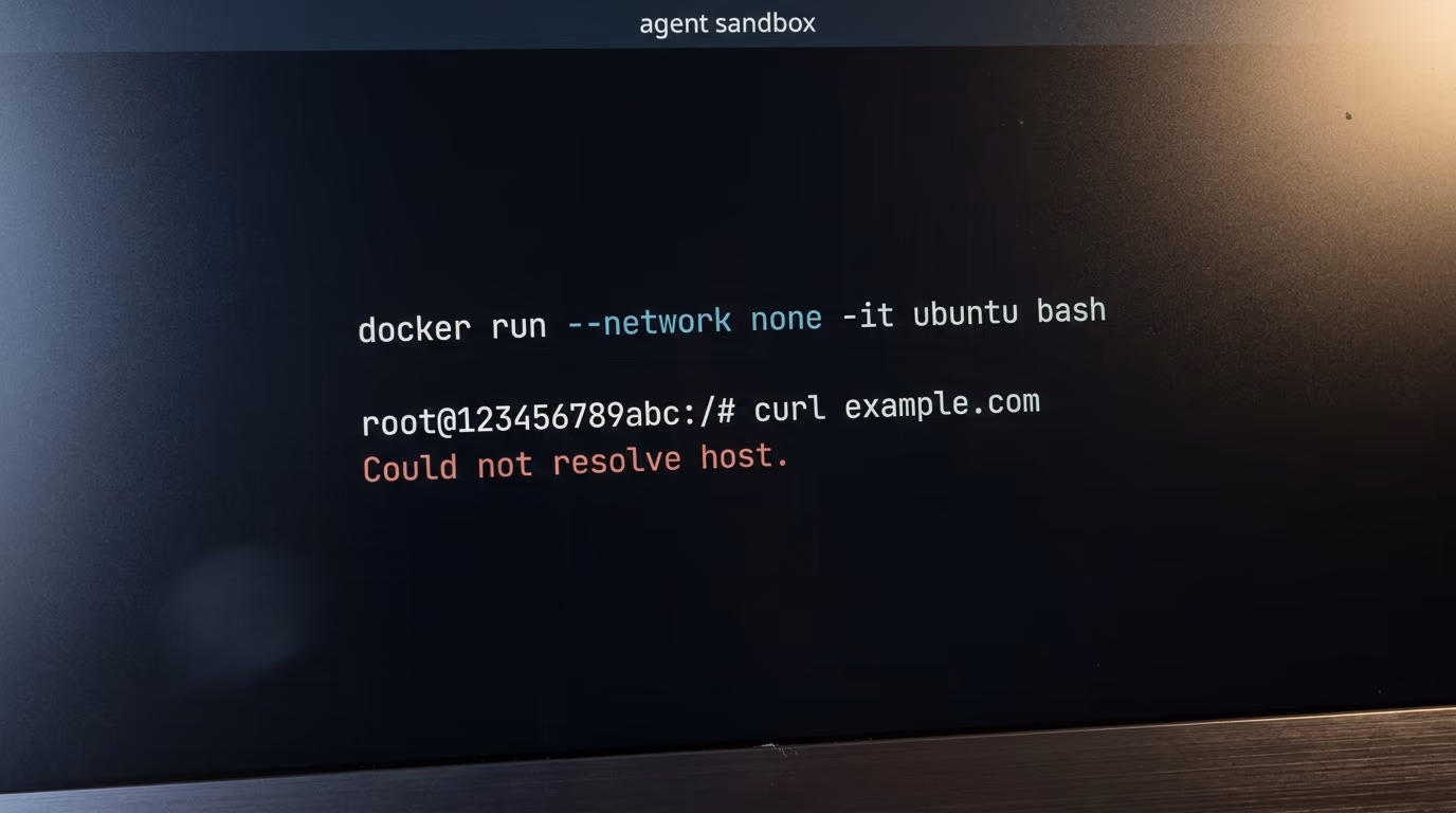 Starting a container with its network switched off so an agent cannot reach the internet