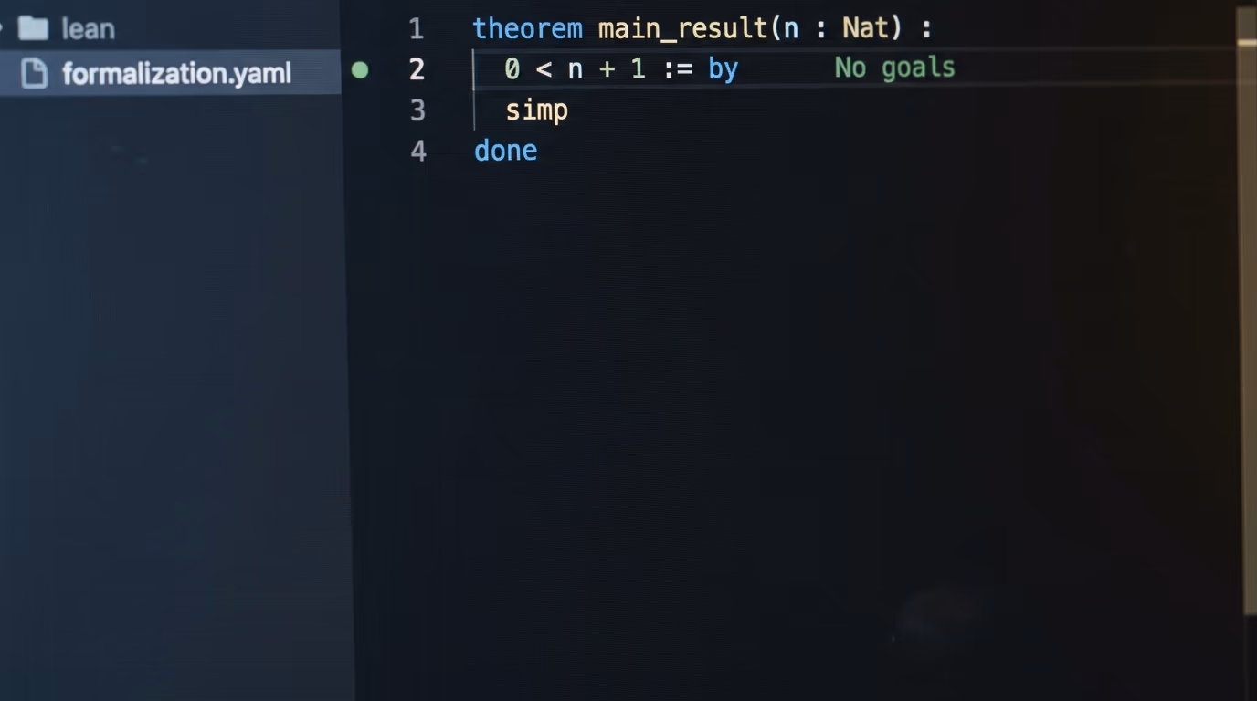 A formal proof in the Lean proof assistant reporting no goals remaining