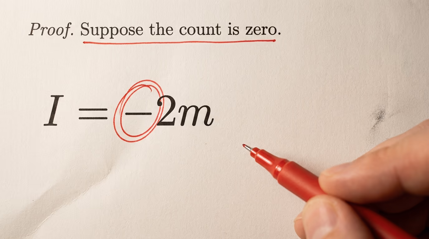Checking an AI generated proof by hand, circling the sign that breaks the argument