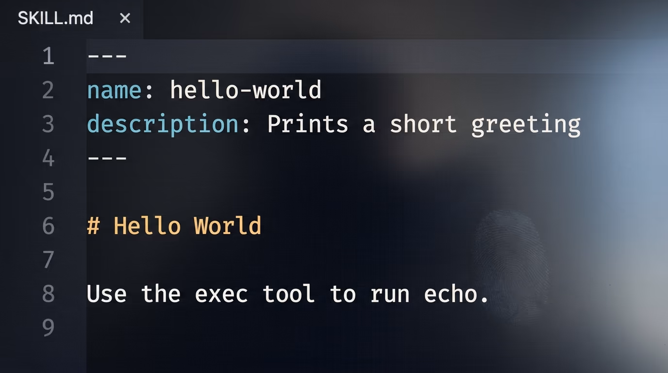 A SKILL.md file open in an editor showing the name and description frontmatter
