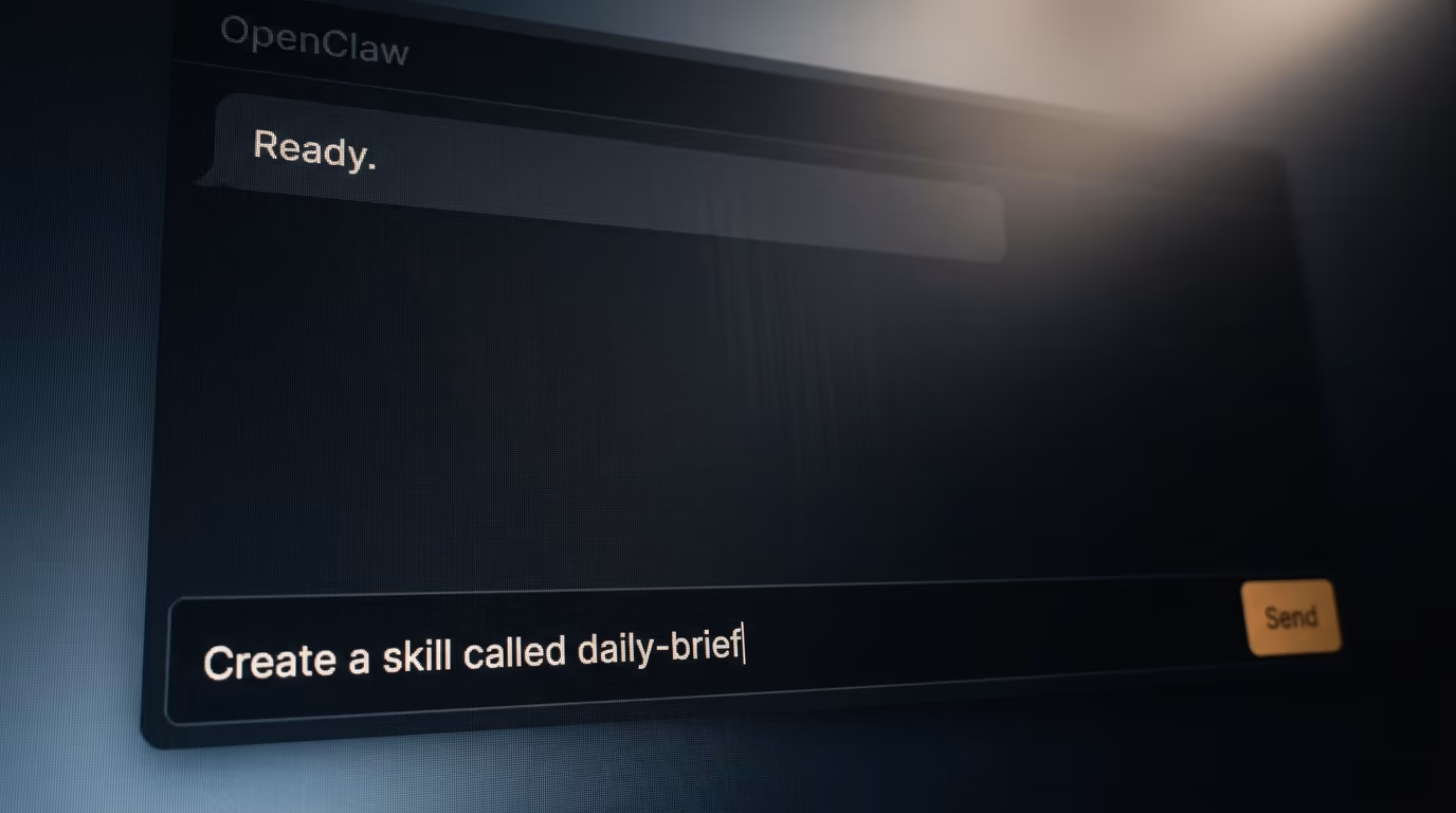 A prompt typed into the OpenClaw chat asking it to create a new skill