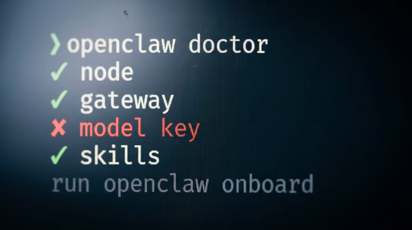 The openclaw doctor command showing one failing check among the passing ones