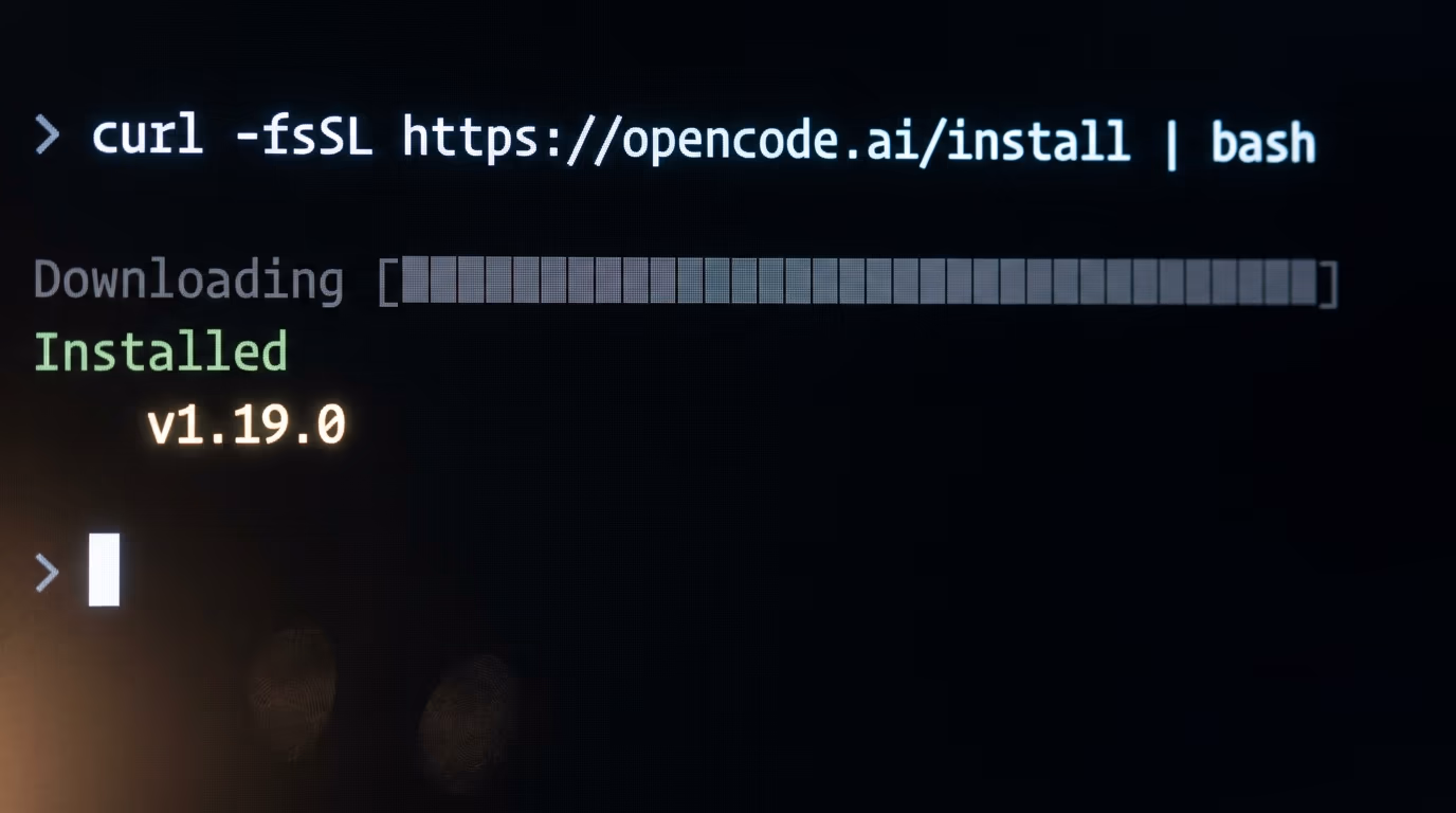 OpenCode install command printing version v1.19.0 in a terminal