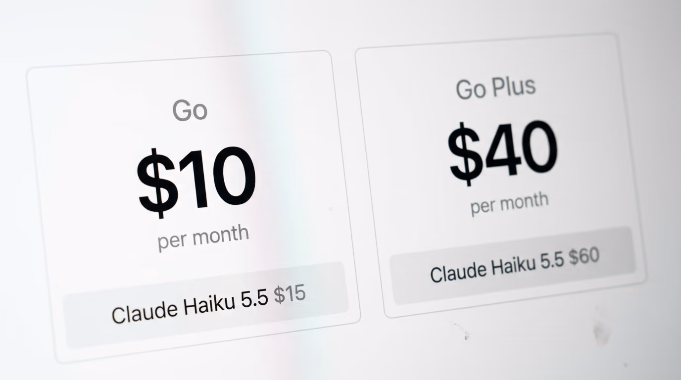 OpenCode Go pricing page showing the $10 and $40 monthly plans