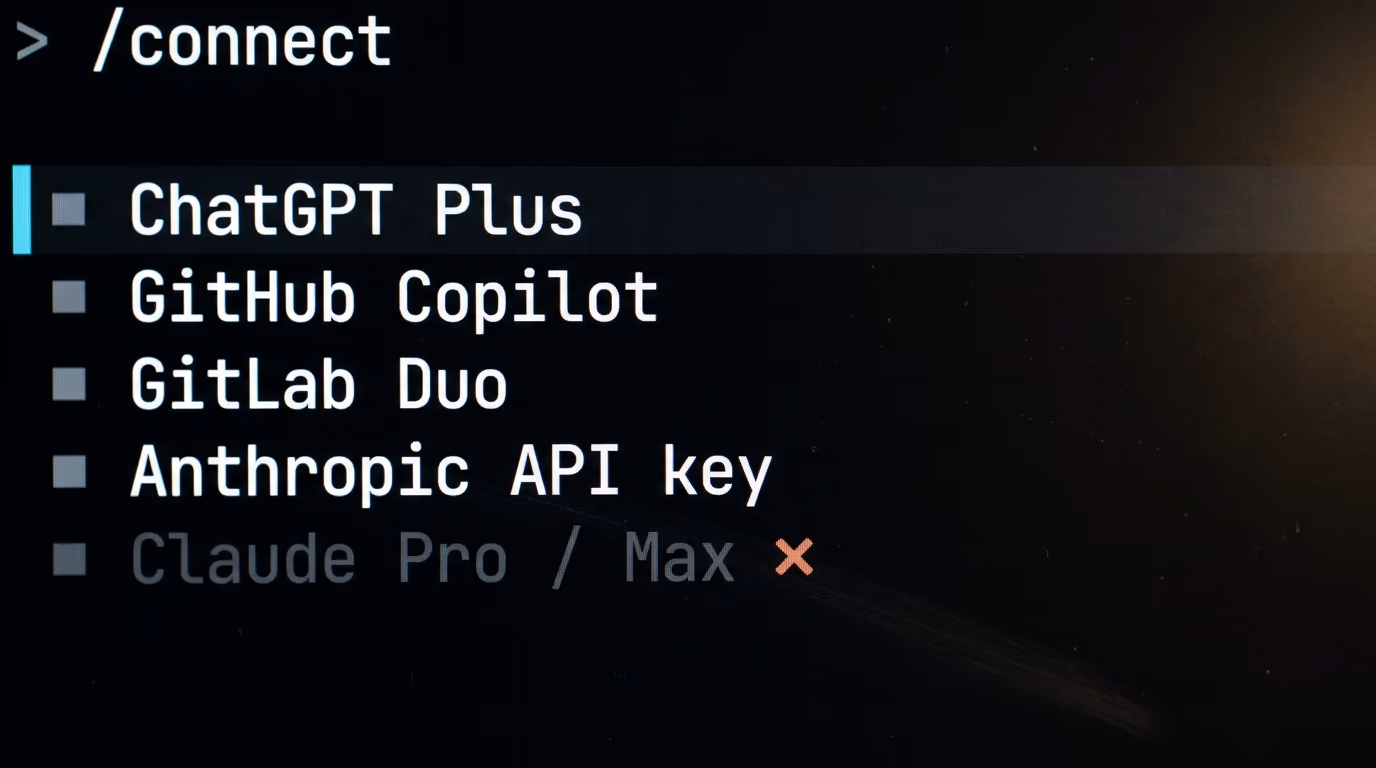 OpenCode connect menu listing ChatGPT Plus and GitHub Copilot with Claude Pro disabled