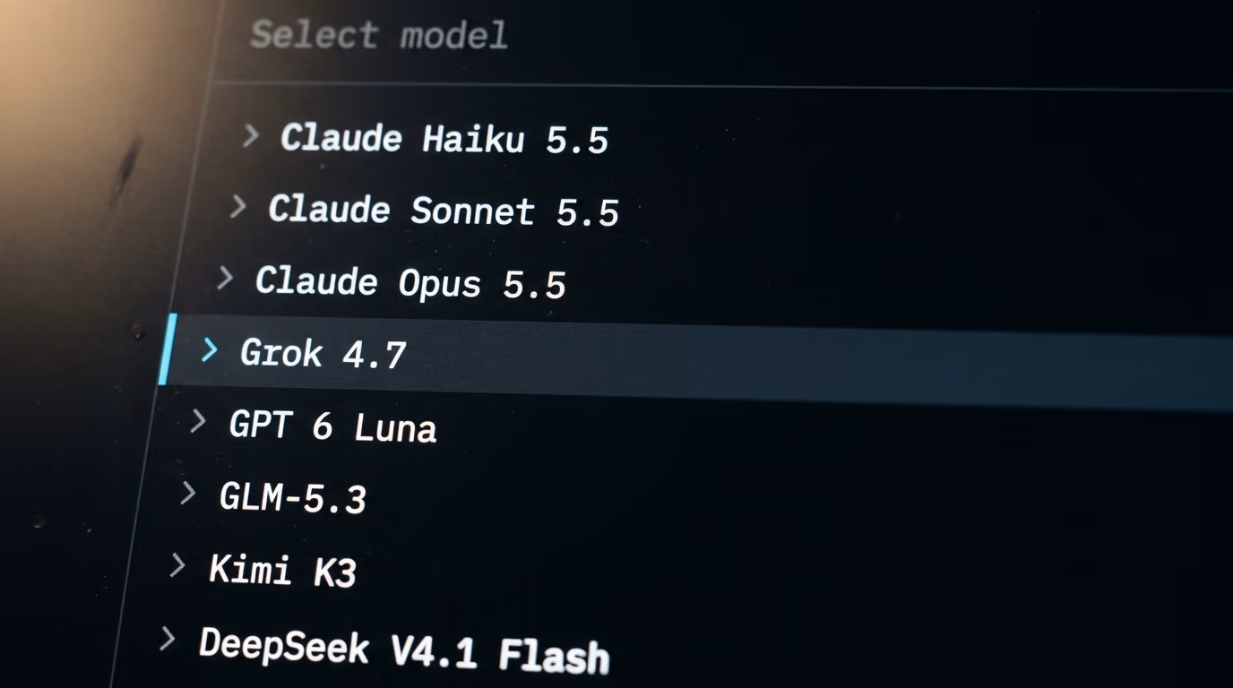 OpenCode model selection list showing Claude, GPT, GLM, Kimi and DeepSeek models