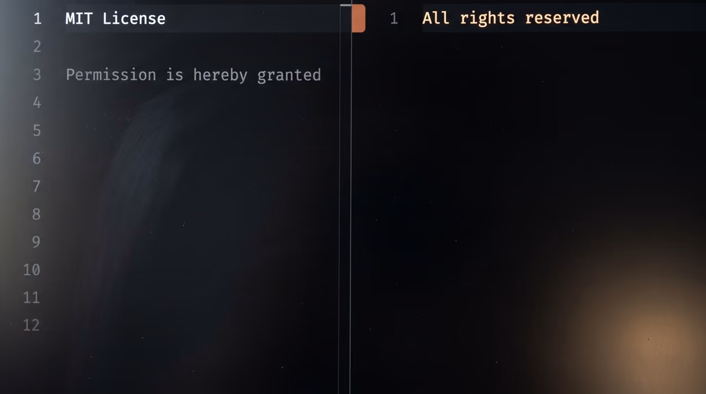 MIT licence file beside a licence file reading all rights reserved