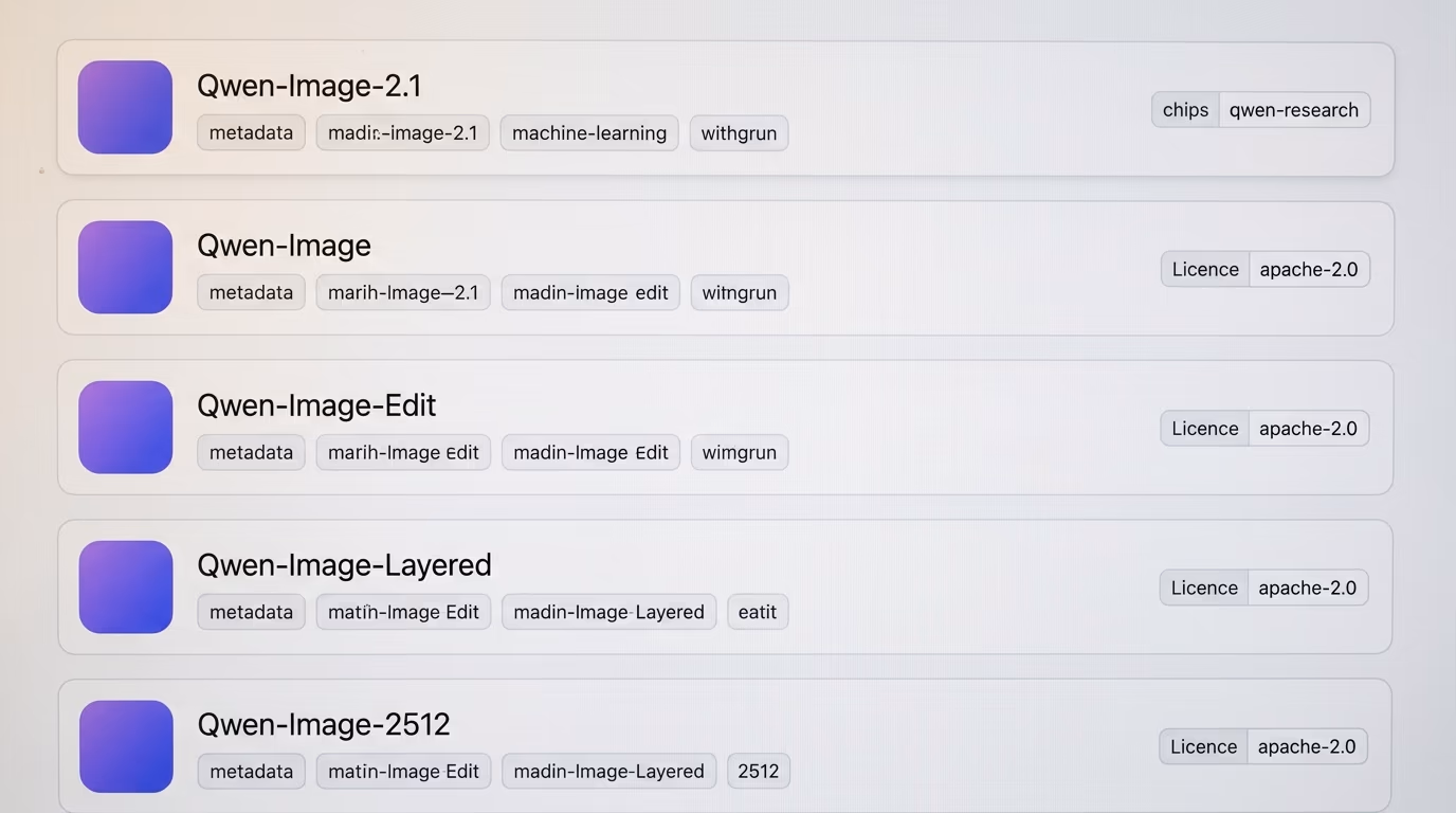 Qwen image model repositories on Hugging Face showing apache-2.0 license tags and one research tag