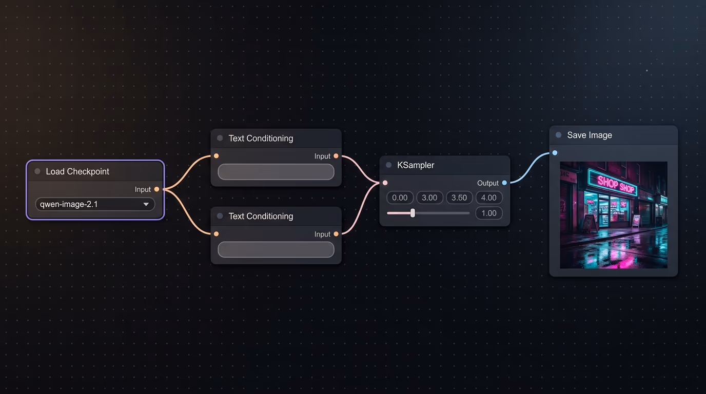 Qwen Image 2.1 loaded in a ComfyUI workflow with the checkpoint loader and sampler nodes