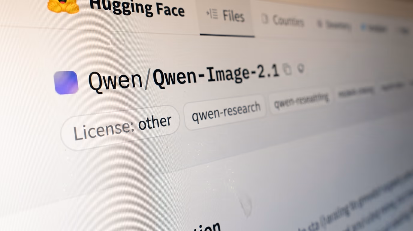 Qwen Image 2.1 model page on Hugging Face with the qwen-research license tag