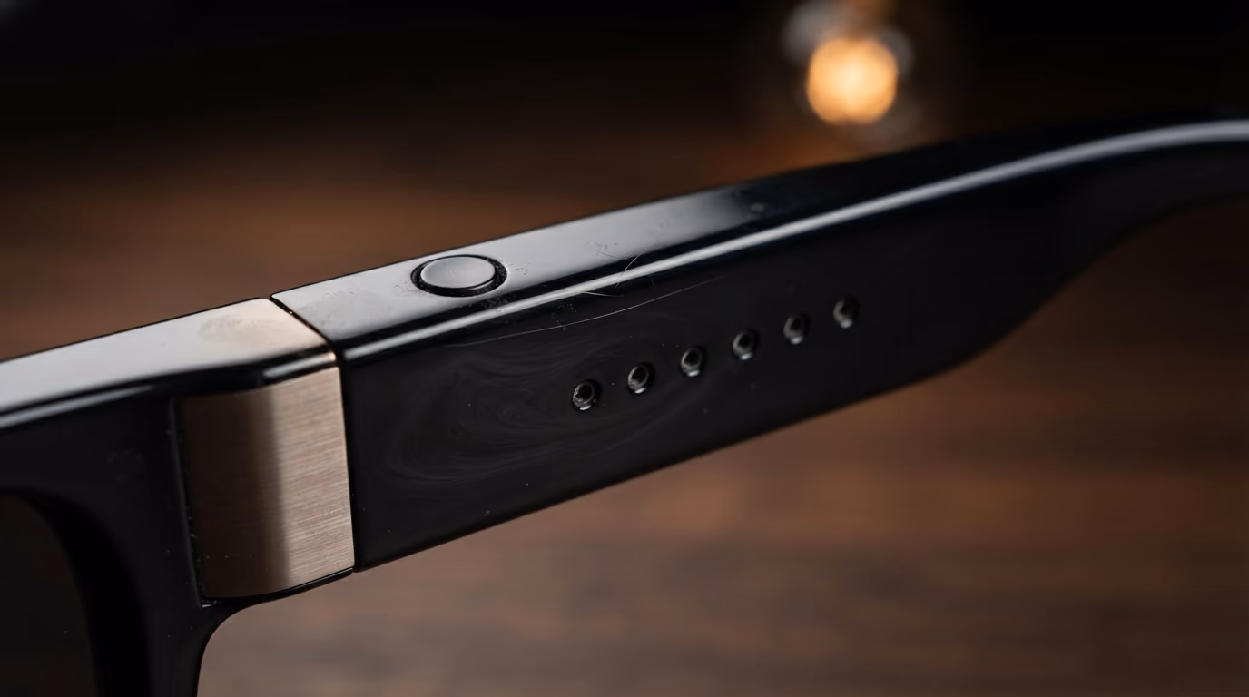 Macro of the temple arm of black smart glasses showing speaker holes and a small button