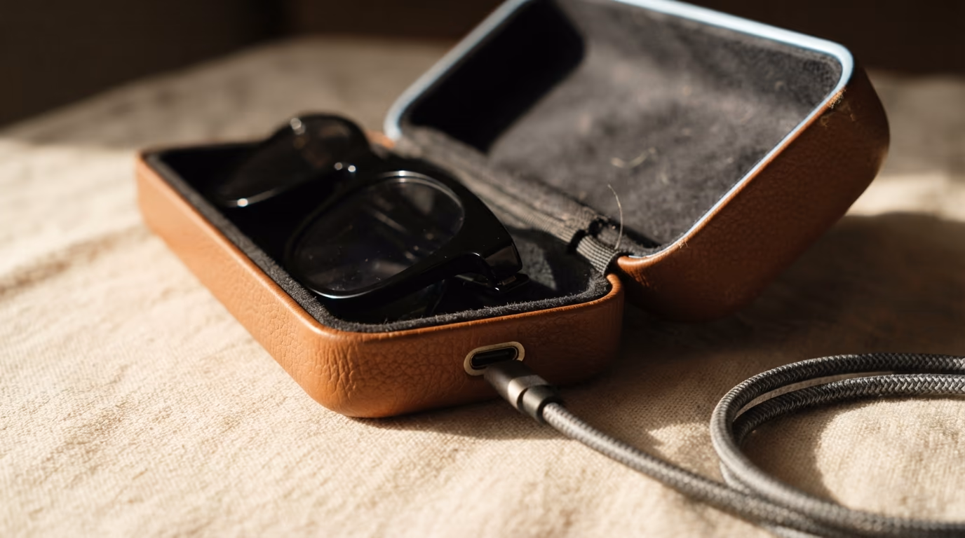 Open charging case for smart glasses with a folded black pair inside and a braided cable