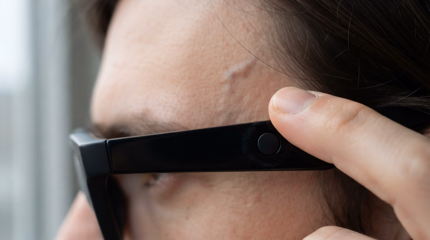 A fingertip pressing the small action button on the temple arm of worn smart glasses