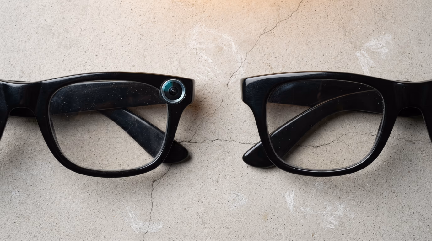 Two pairs of black glasses side by side, one with a camera in the corner and one without