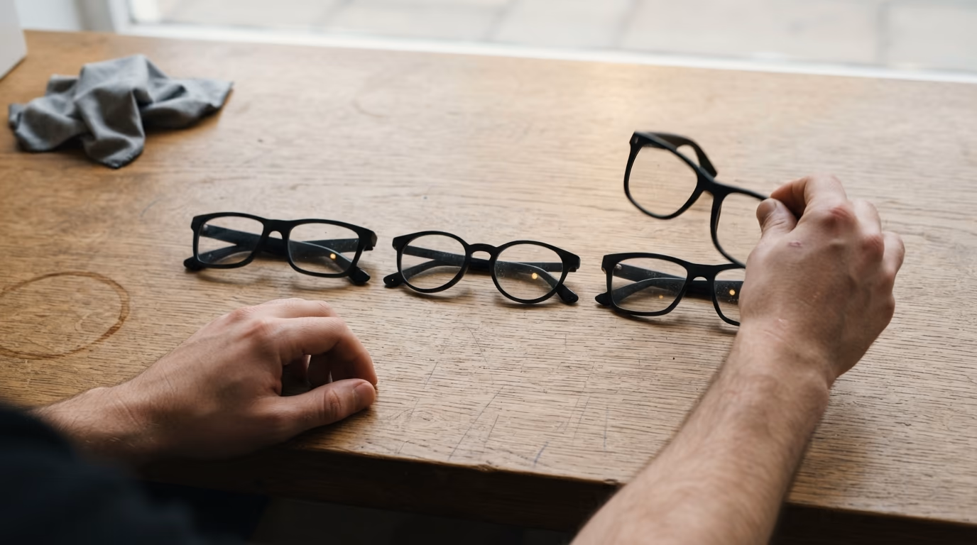 Hands comparing three pairs of black smart glasses laid out on a wooden shop counter